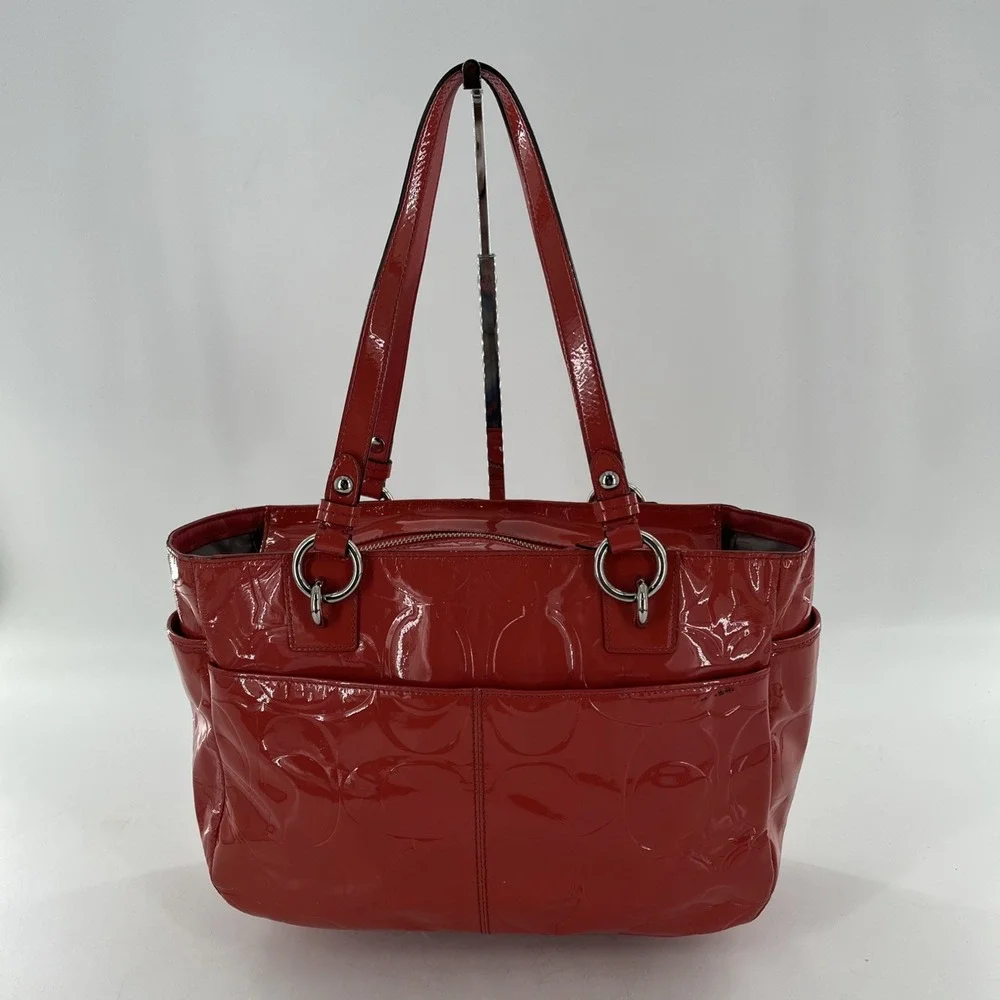 Coach Signature Embossed Patent Leather Coral Orange Satchel Tote Coral Orange